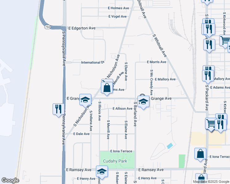 map of restaurants, bars, coffee shops, grocery stores, and more near 2930 East Grange Avenue in Cudahy