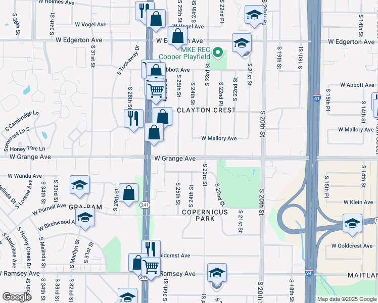map of restaurants, bars, coffee shops, grocery stores, and more near 2334 West Grange Avenue in Milwaukee