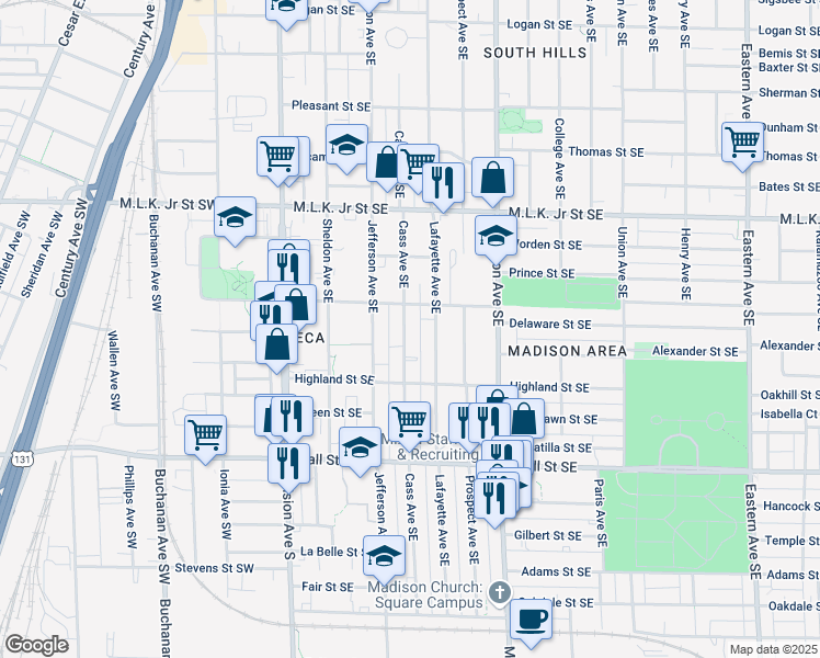 map of restaurants, bars, coffee shops, grocery stores, and more near 1020 Cass Avenue Southeast in Grand Rapids