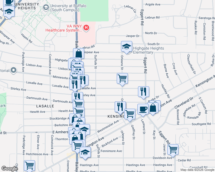 map of restaurants, bars, coffee shops, grocery stores, and more near 636 Lasalle Avenue in Buffalo