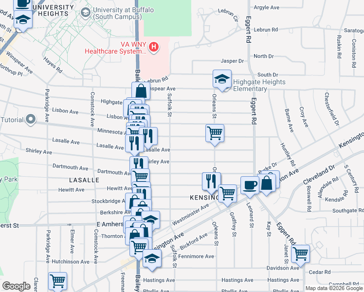 map of restaurants, bars, coffee shops, grocery stores, and more near 597 Lasalle Avenue in Buffalo