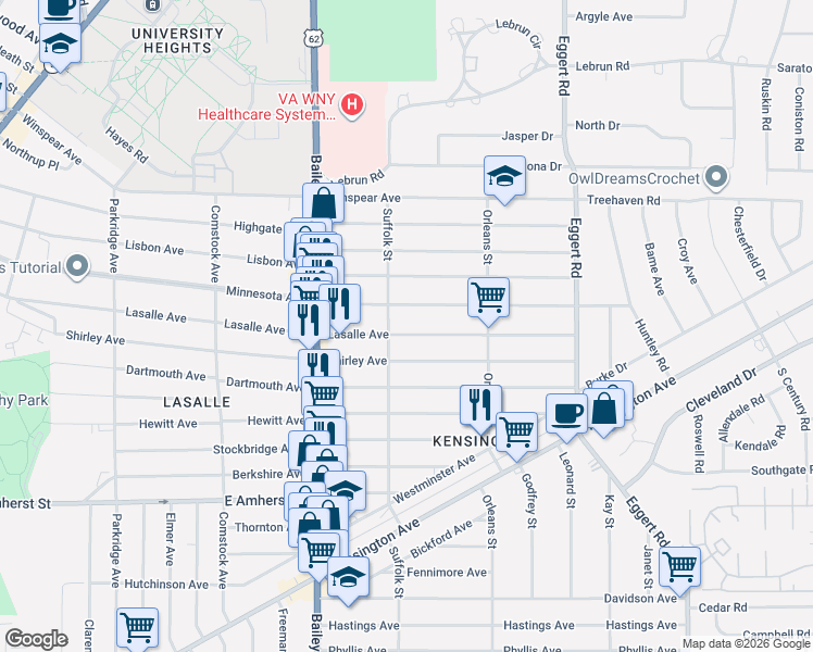 map of restaurants, bars, coffee shops, grocery stores, and more near 594 Lasalle Avenue in Buffalo