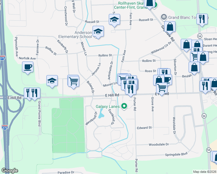 map of restaurants, bars, coffee shops, grocery stores, and more near 5518 Moceri Lane in Grand Blanc