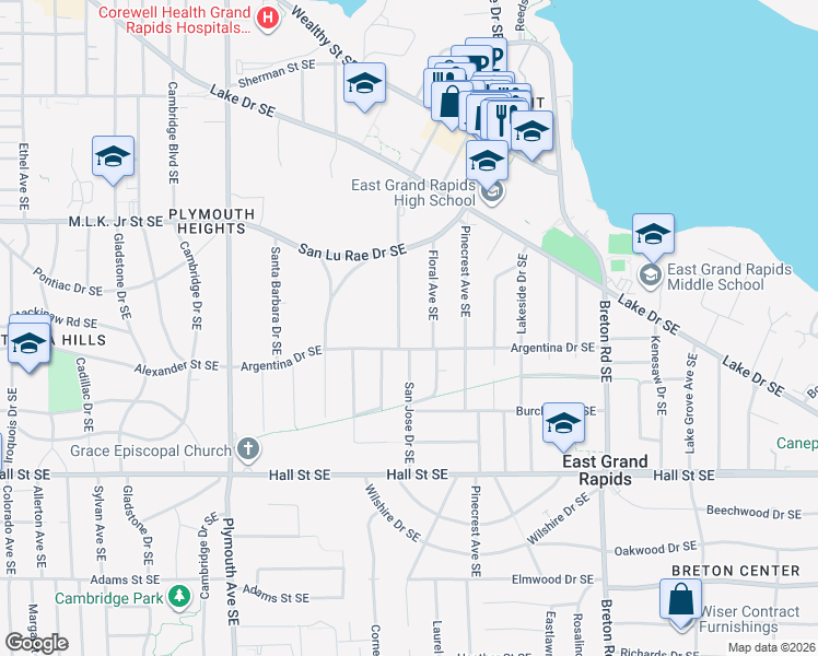 map of restaurants, bars, coffee shops, grocery stores, and more near 955 Floral Avenue Southeast in Grand Rapids