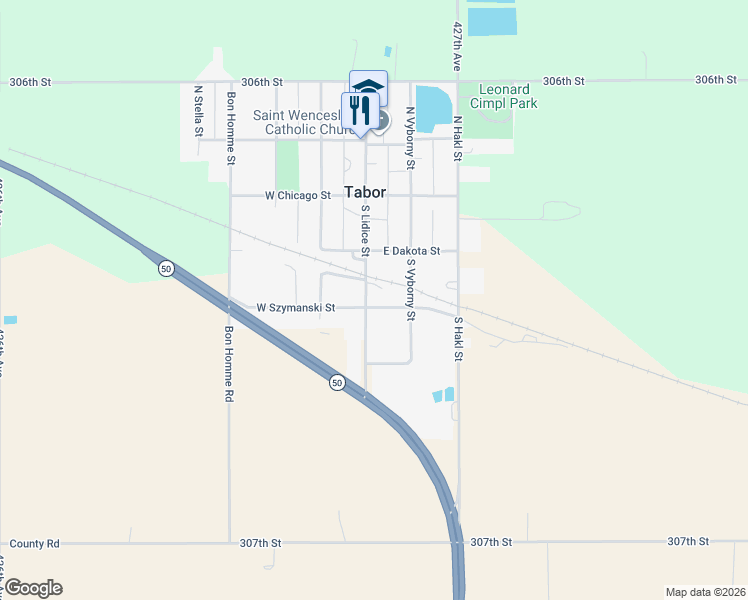 map of restaurants, bars, coffee shops, grocery stores, and more near 109 West Szymanski Street in Tabor
