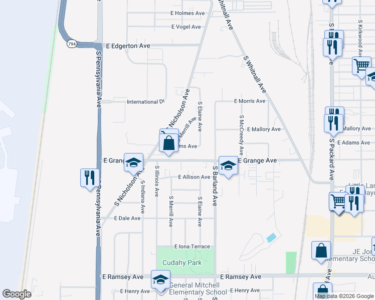 map of restaurants, bars, coffee shops, grocery stores, and more near 2930 East Grange Avenue in Cudahy
