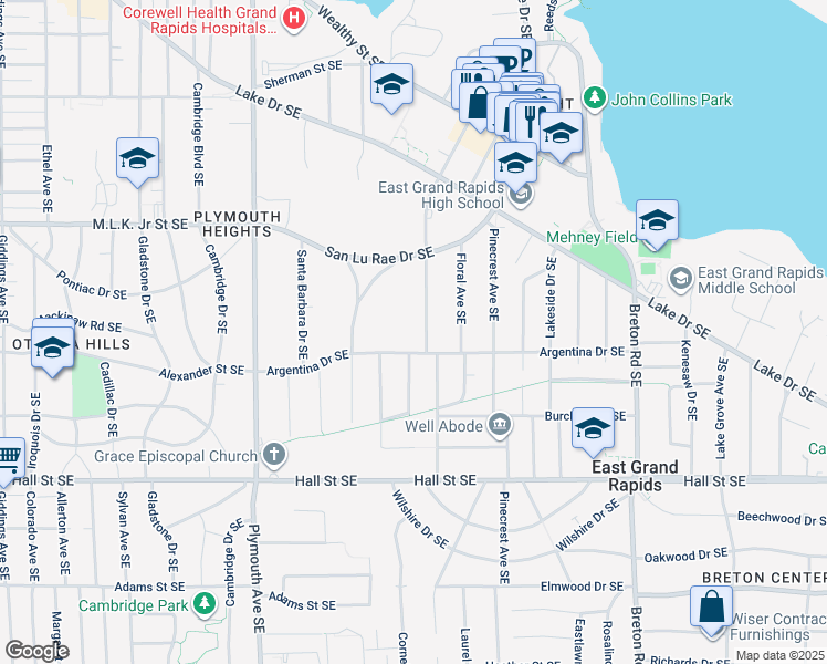 map of restaurants, bars, coffee shops, grocery stores, and more near 955 San Jose Drive Southeast in Grand Rapids