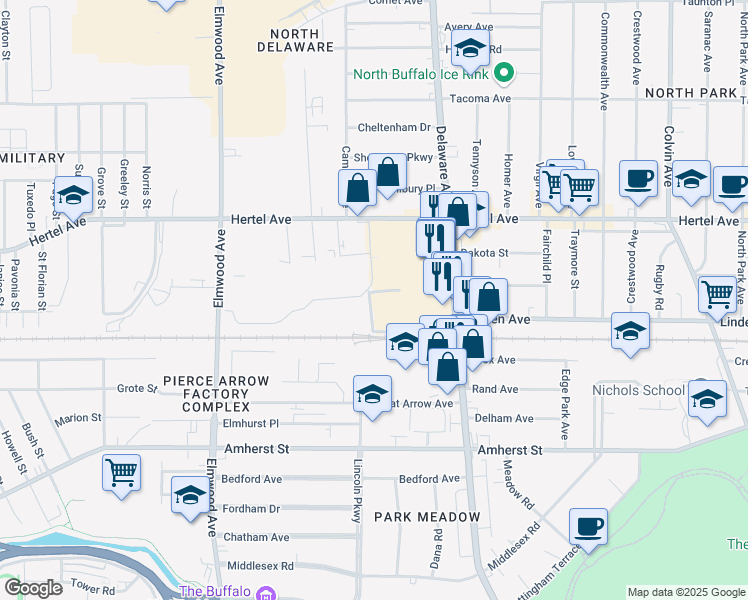 map of restaurants, bars, coffee shops, grocery stores, and more near 2232 Delaware Avenue in Buffalo