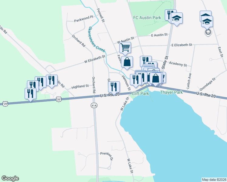 map of restaurants, bars, coffee shops, grocery stores, and more near 52 West Genesee Street in Skaneateles