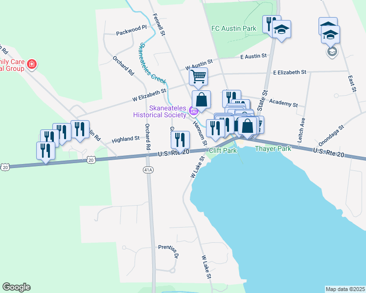 map of restaurants, bars, coffee shops, grocery stores, and more near 52 West Genesee Street in Skaneateles