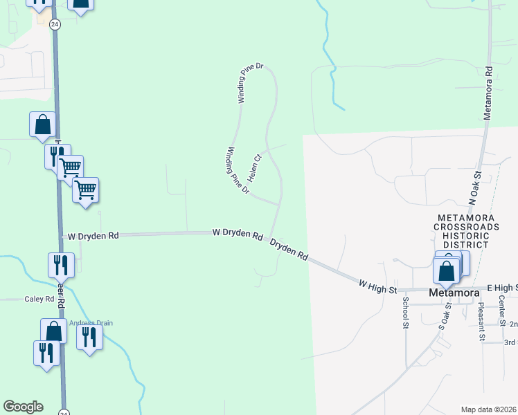 map of restaurants, bars, coffee shops, grocery stores, and more near 3850 Winding Pine Drive in Metamora