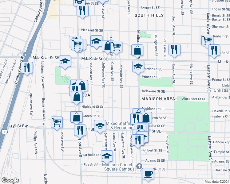 map of restaurants, bars, coffee shops, grocery stores, and more near 1018 Cass Avenue Southeast in Grand Rapids
