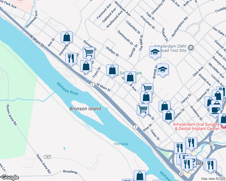 map of restaurants, bars, coffee shops, grocery stores, and more near 270 West Main Street in Amsterdam