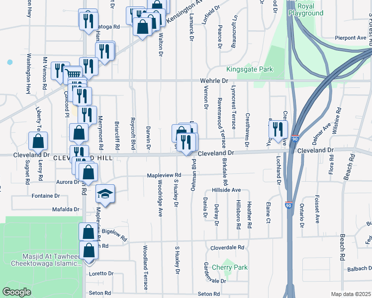 map of restaurants, bars, coffee shops, grocery stores, and more near 642 Cleveland Drive in Cheektowaga