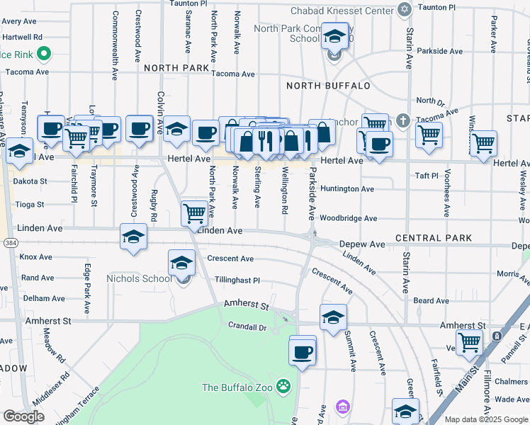 map of restaurants, bars, coffee shops, grocery stores, and more near 24 Wellington Road in Buffalo