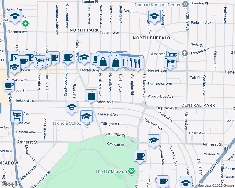 map of restaurants, bars, coffee shops, grocery stores, and more near 12 Sterling Avenue in Buffalo