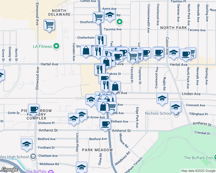 map of restaurants, bars, coffee shops, grocery stores, and more near in Buffalo