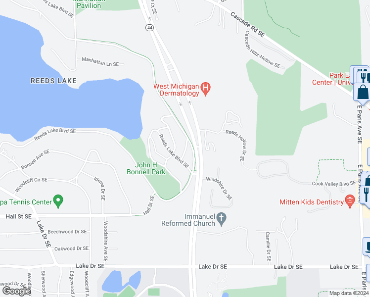 map of restaurants, bars, coffee shops, grocery stores, and more near 3837 Kate Avenue Southeast in Grand Rapids