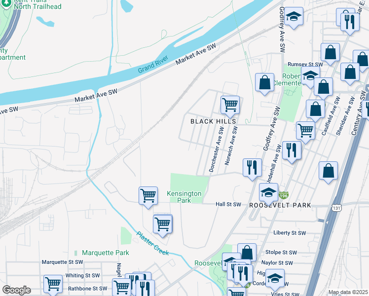 map of restaurants, bars, coffee shops, grocery stores, and more near 1020 Merrill Avenue Southwest in Grand Rapids