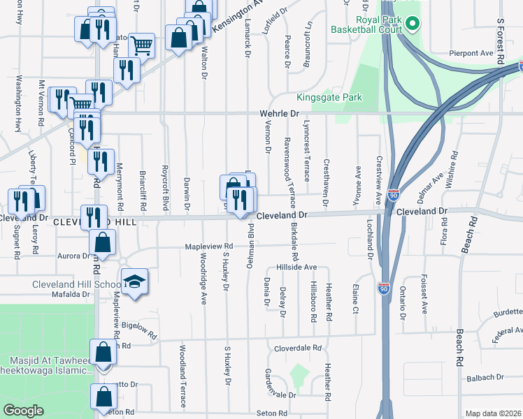 map of restaurants, bars, coffee shops, grocery stores, and more near 684 Cleveland Drive in Buffalo