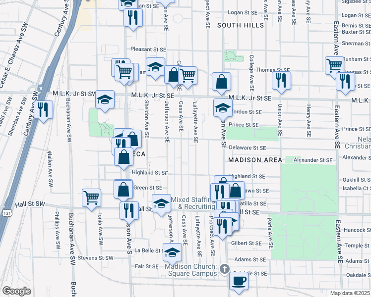 map of restaurants, bars, coffee shops, grocery stores, and more near 1018 Cass Avenue Southeast in Grand Rapids