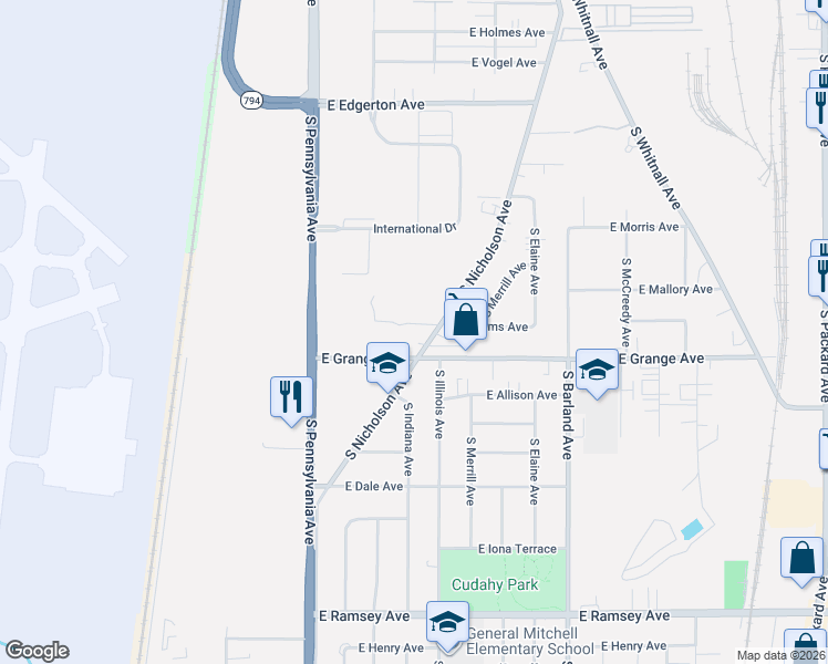 map of restaurants, bars, coffee shops, grocery stores, and more near 5445 South Nicholson Avenue in Cudahy