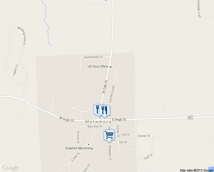 map of restaurants, bars, coffee shops, grocery stores, and more near 3877 North Oak Street in Metamora