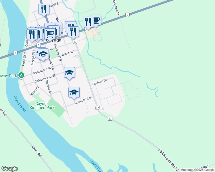 map of restaurants, bars, coffee shops, grocery stores, and more near 9 Pike Creek Drive in Cayuga
