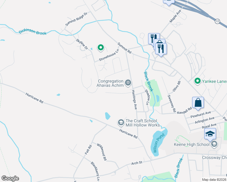 map of restaurants, bars, coffee shops, grocery stores, and more near 30 Trowbridge Road in Keene