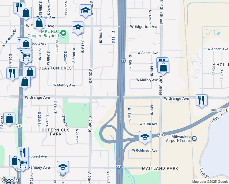 map of restaurants, bars, coffee shops, grocery stores, and more near 1706 West Grange Avenue in Milwaukee