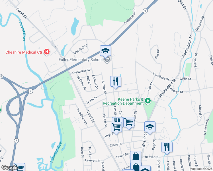 map of restaurants, bars, coffee shops, grocery stores, and more near 322 Elm Street in Keene