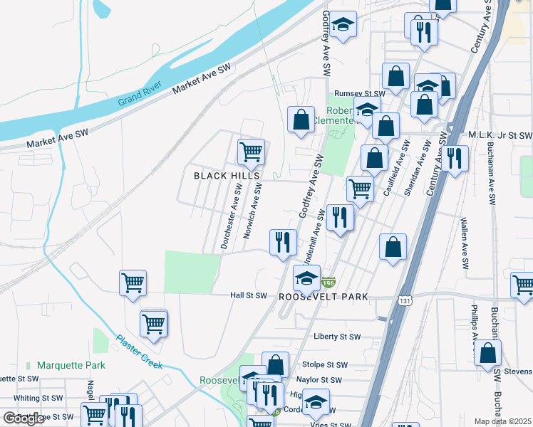 map of restaurants, bars, coffee shops, grocery stores, and more near 955 Godfrey Avenue Southwest in Grand Rapids