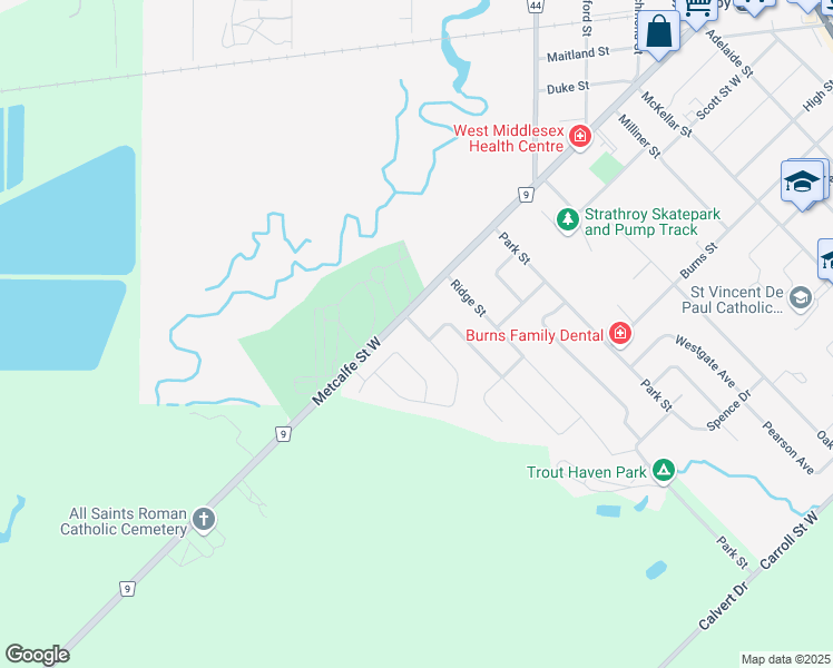 map of restaurants, bars, coffee shops, grocery stores, and more near 12 Ashby Crescent in Strathroy