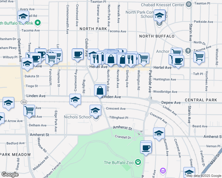 map of restaurants, bars, coffee shops, grocery stores, and more near 25 North Park Avenue in Buffalo