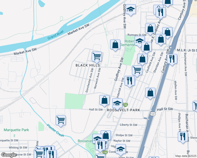 map of restaurants, bars, coffee shops, grocery stores, and more near 948 Norwich Avenue Southwest in Grand Rapids