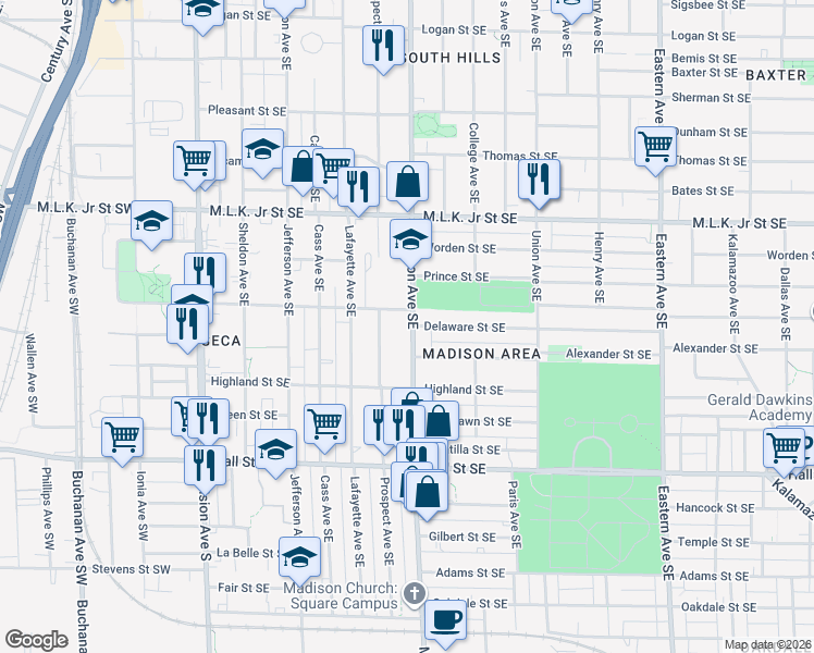 map of restaurants, bars, coffee shops, grocery stores, and more near 951 Madison Avenue Southeast in Grand Rapids