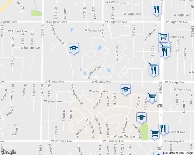 map of restaurants, bars, coffee shops, grocery stores, and more near 3495 Honey Tree Ln in Greenfield