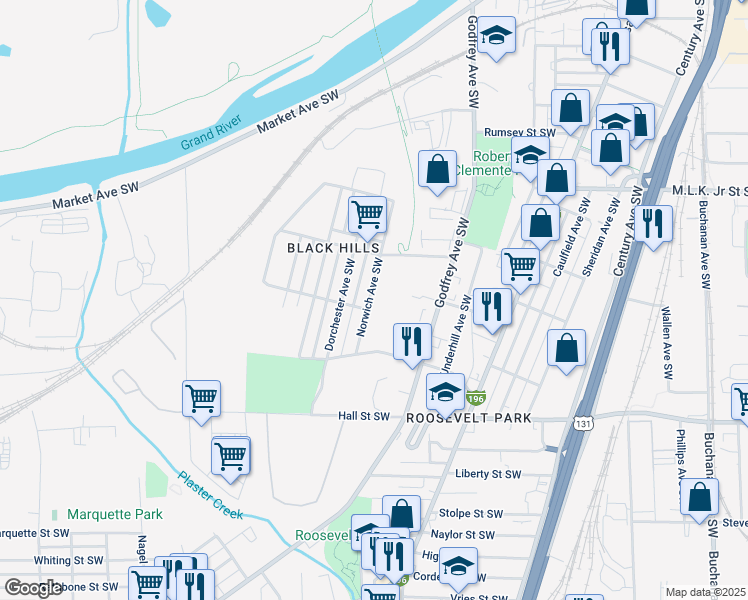 map of restaurants, bars, coffee shops, grocery stores, and more near 948 Norwich Avenue Southwest in Grand Rapids
