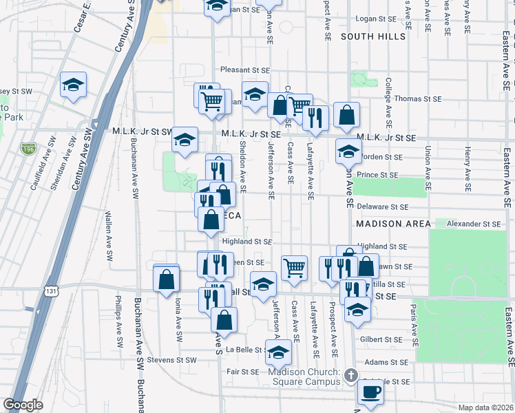 map of restaurants, bars, coffee shops, grocery stores, and more near 1000 Sheldon Avenue Southeast in Grand Rapids