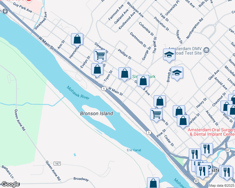 map of restaurants, bars, coffee shops, grocery stores, and more near 270 West Main Street in Amsterdam
