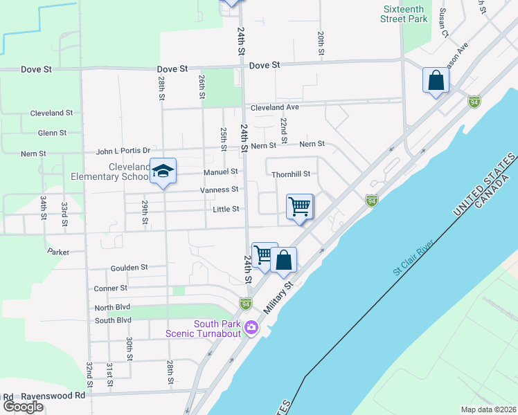 map of restaurants, bars, coffee shops, grocery stores, and more near 2399 Ashland Ct in Port Huron