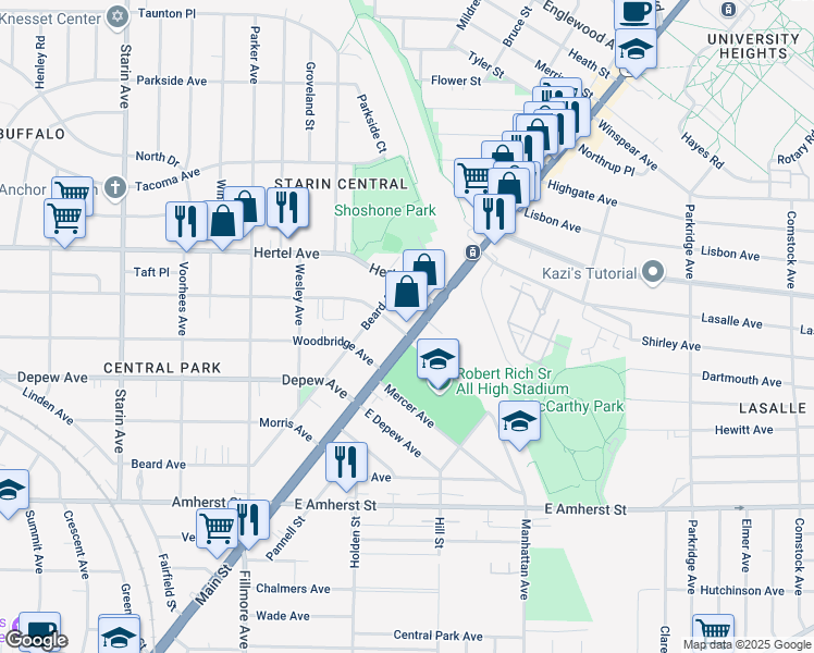 map of restaurants, bars, coffee shops, grocery stores, and more near 2910 Main Street in Buffalo