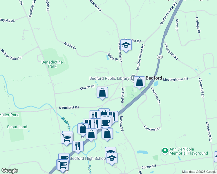 map of restaurants, bars, coffee shops, grocery stores, and more near 4 Church Road in Bedford