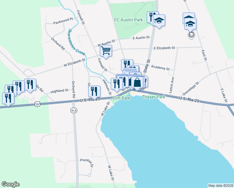 map of restaurants, bars, coffee shops, grocery stores, and more near 26 West Genesee Street in Skaneateles