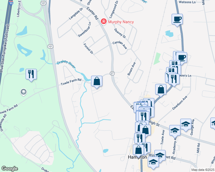 map of restaurants, bars, coffee shops, grocery stores, and more near 86 Exeter Road in Hampton