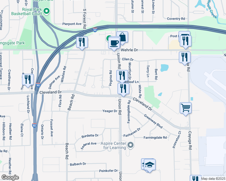 map of restaurants, bars, coffee shops, grocery stores, and more near 1170 Cleveland Drive in Buffalo