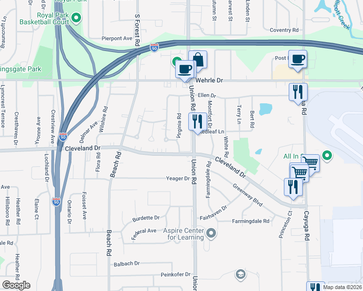 map of restaurants, bars, coffee shops, grocery stores, and more near 1170 Cleveland Drive in Buffalo