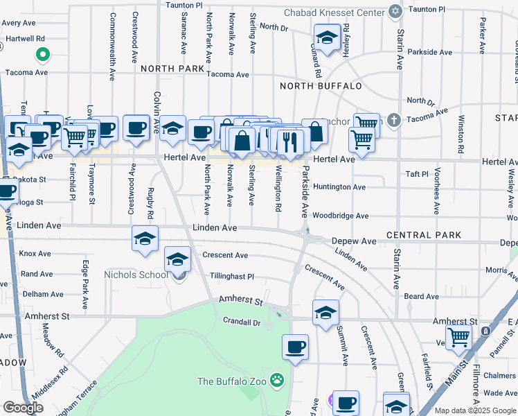 map of restaurants, bars, coffee shops, grocery stores, and more near 24 Wellington Road in Buffalo