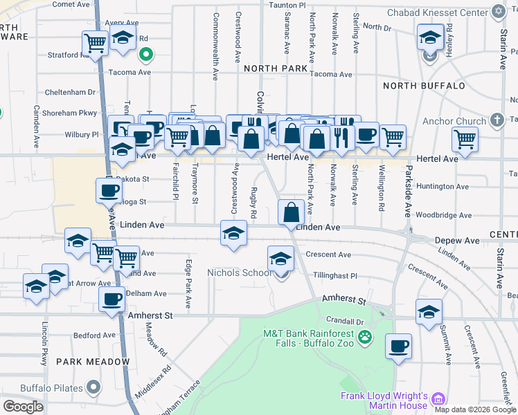 map of restaurants, bars, coffee shops, grocery stores, and more near 14 Rugby Road in Buffalo