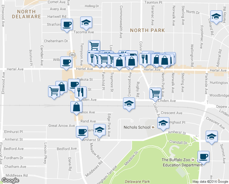 map of restaurants, bars, coffee shops, grocery stores, and more near 9 Traymore Street in Buffalo